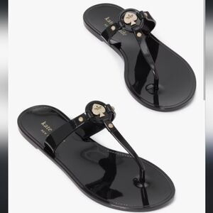 Kate Spade New York Black Patent Jelly T-Strap Sandals with Gold Logo